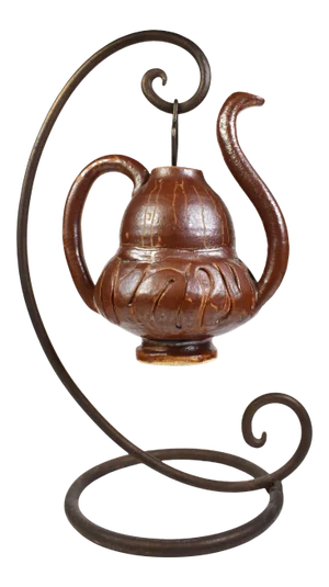 Vintage Handmade Pottery Watering Can Pitcher on Metal Base Décor