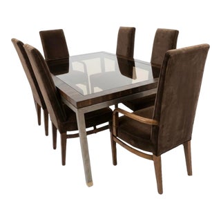 Mid-Century Modern Drexel Dining Table With Six Upholstered Velvet Chairs For Sale