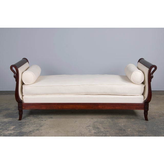 Antique French Empire Swan Neck Mahogany Daybeds W/ Cream Woven Fabric - a Pair For Sale - Image 12 of 12