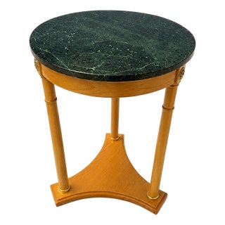 Late 20th Century Empire Style Green Marble Top Round Accent Table With Column Legs For Sale