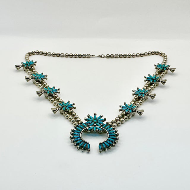 1950s 1960s Vintage Southwestern Zuni Native American Sterling & Turquoise Squash Blossom Beaded Necklace, 27” For Sale - Image 5 of 12