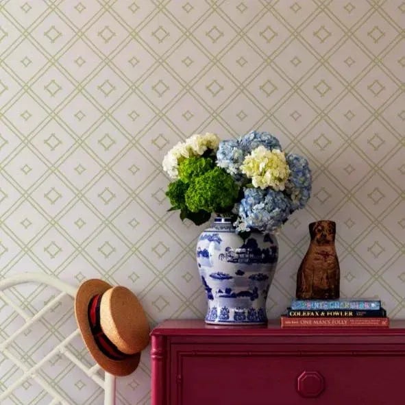 A sample of our Island House Small Meadow Green Wallpaper Care Instructions: Wipe with damp cloth.