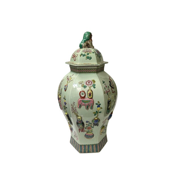 Chinese Vintage Chinese Light Celadon Green Relief Motif Hexagonal Porcelain Jar For Sale - Image 3 of 13