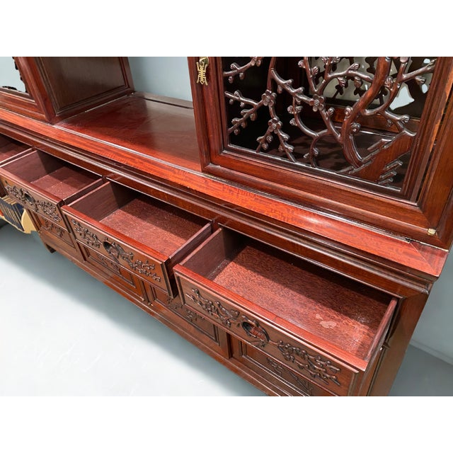 Asian Antique Early 20th Century Rosewood Vintage Double‑Sided Room Divider With Carved Drawers & Doors For Sale - Image 3 of 8