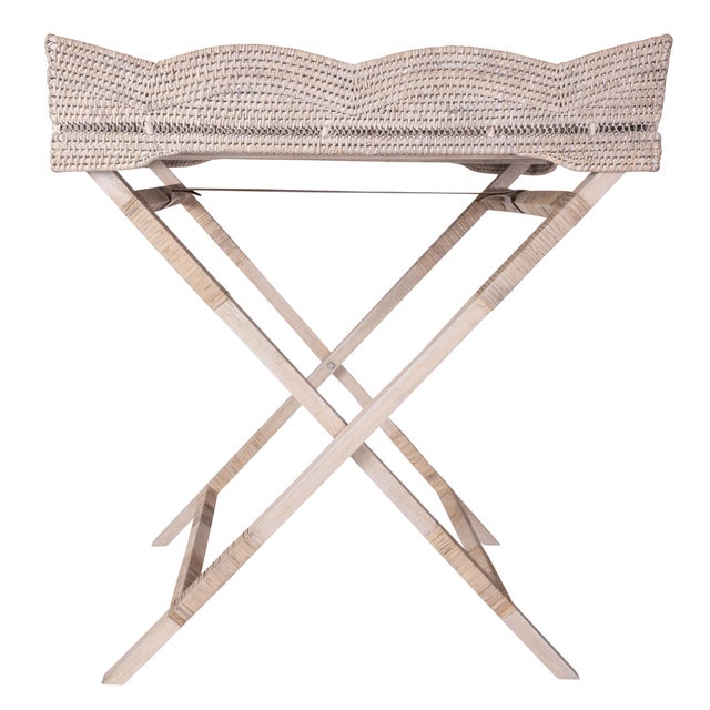 Artifacts Rattan Scallop Design Butler Tray with Wooden Legs, White Wash For Sale - Image 4 of 7