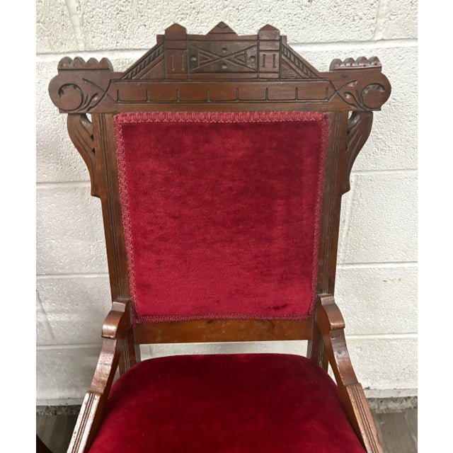 Red Antique 19th Century Victorian Eastlake Crushed Red Velvet Parlor Side Chairs For Sale - Image 8 of 10