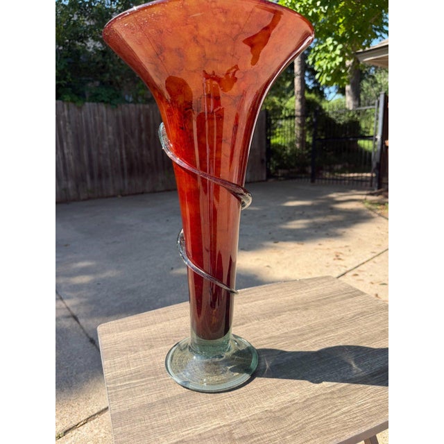 Hand-Blown 20" Amber Red Art Glass Trumpet Vase Applied Serpentine Spiral For Sale - Image 11 of 18