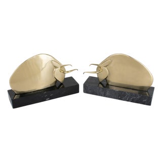 Art Deco Polished Brass and Marble LongHorn Bull Bookends For Sale