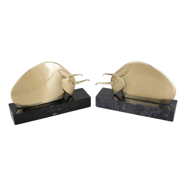 Art Deco Polished Brass and Marble LongHorn Bull Bookends For Sale