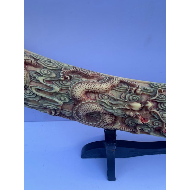 Chinoiserie Vintage Mid-Century Chinoiserie Faux Ivory Carved Resin Dragon Tusk 23” Long Statement Piece For Sale - Image 3 of 12