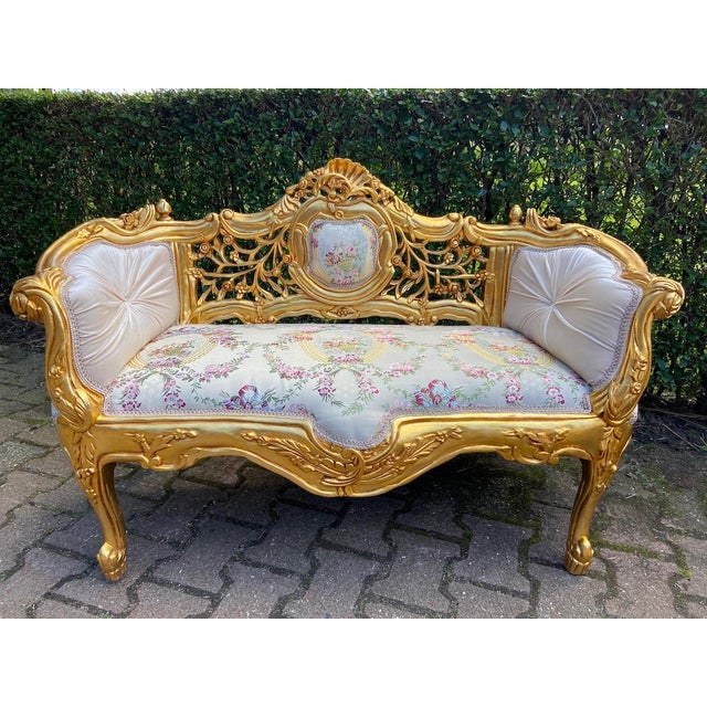 1980s 1980s Louis XVI Gilt Beech Settee Mint Damask & Velvet For Sale - Image 5 of 11