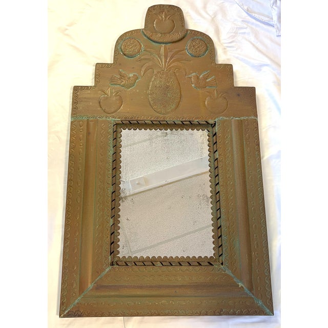 Vintage Mexican Style Bent Tin Mirror With Pineapple Symbol and Rustic Verdigris Patina For Sale - Image 4 of 11