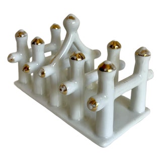 Vintage Chinoiserie White Porcelain Pagoda Toast Rack With Gold Accents For Sale