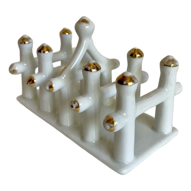 Vintage Chinoiserie White Porcelain Pagoda Toast Rack With Gold Accents For Sale
