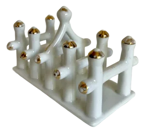 Vintage Chinoiserie White Porcelain Pagoda Toast Rack With Gold Accents