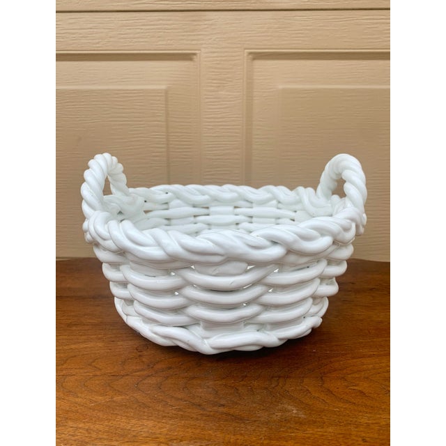 1980s Italian White Ceramic Trompe L’Oeil Woven Basket Cachepot For Sale - Image 9 of 12