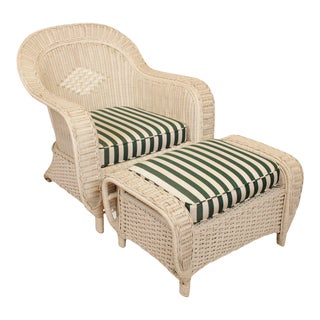 Palecek Victorian Style White Wicker Chair with Ottoman For Sale