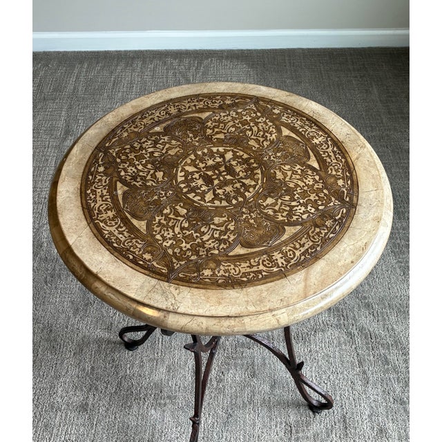 Late 20th Century Late 20th Century Mediterranean Style Decorative Inlaid Accent Table With Wrought Iron Base For Sale - Image 5 of 6