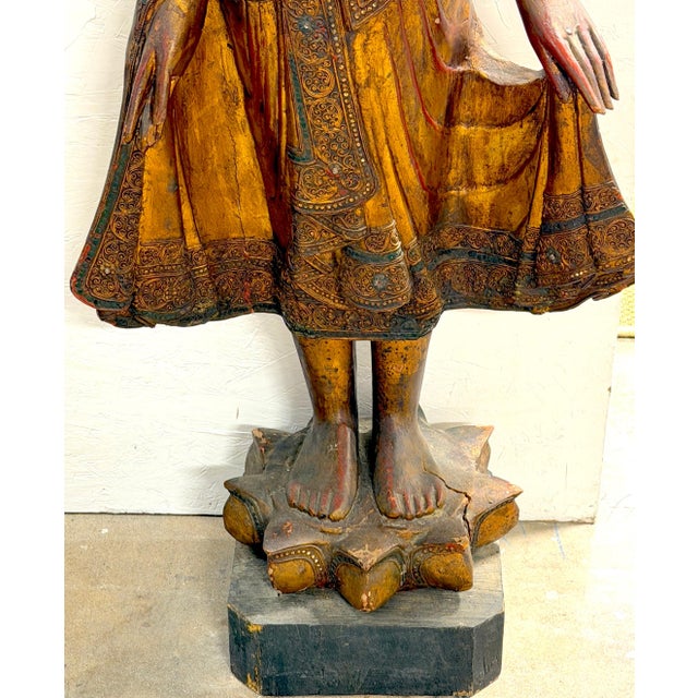Monumental Giltwood Standing Buddha with Lotus Base, Burma, Late 19th Century For Sale - Image 13 of 18