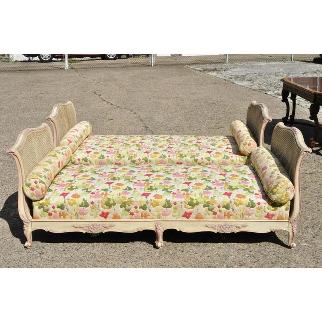 French Early 20th Century Vintage French Louis XV Style Pink & Cream Painted Cane Bed Daybeds - a Pair For Sale - Image 3 of 12