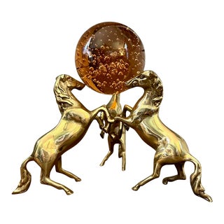 1960s Solid Brass Horse Sculpture With Controlled Bubble Glass Sphere For Sale