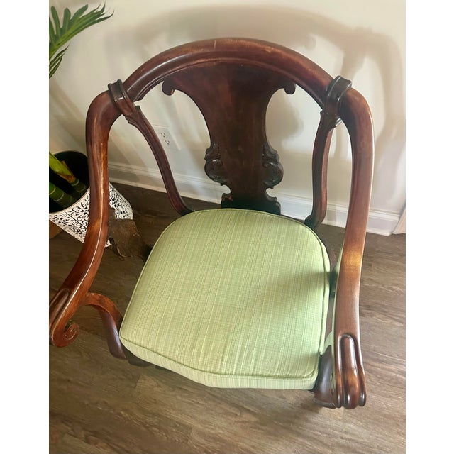 Queen Anne Vintage Queen Anne Mahogany Armchair With Sage Green Upholstery For Sale - Image 3 of 7
