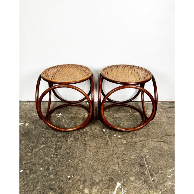 Mid-Century Modern Vintage Thonet Style Bent Wood Cane Side Table Ottomans- A Pair For Sale - Image 3 of 12