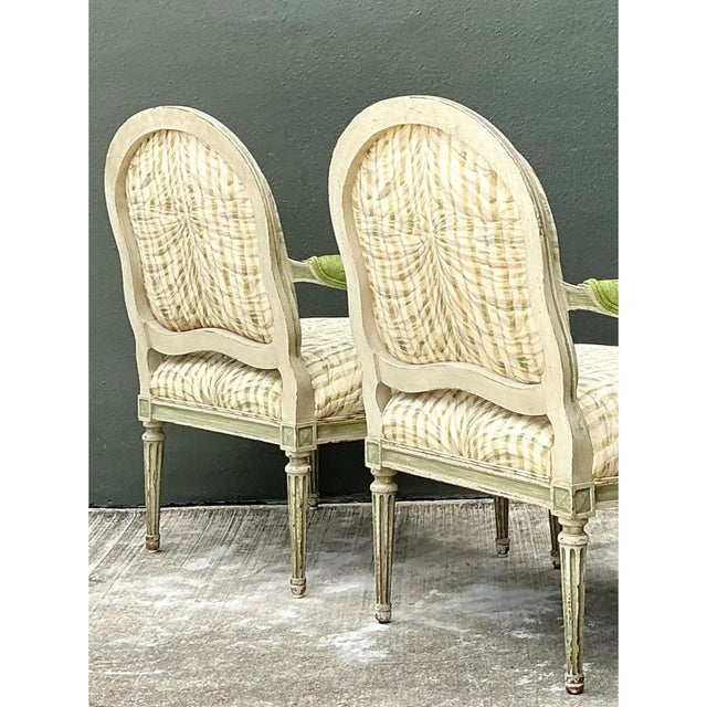 Vintage Louis XVI Style Printed Swag Armchairs - Pair For Sale - Image 12 of 12