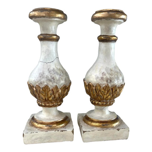 Pair of Vintage Italian Style Whitewashed & Gilt Candlesticks For Sale