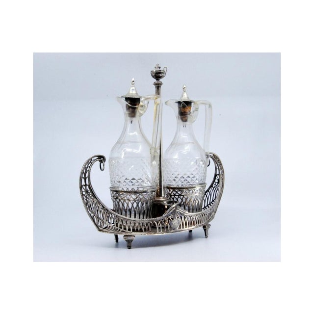 Cruet with Silver Structure Cut Into the Shape of Nave with Two Cut Glass Cruets on Four Raised Feet and Silver Lid Support For Sale - Image 4 of 11