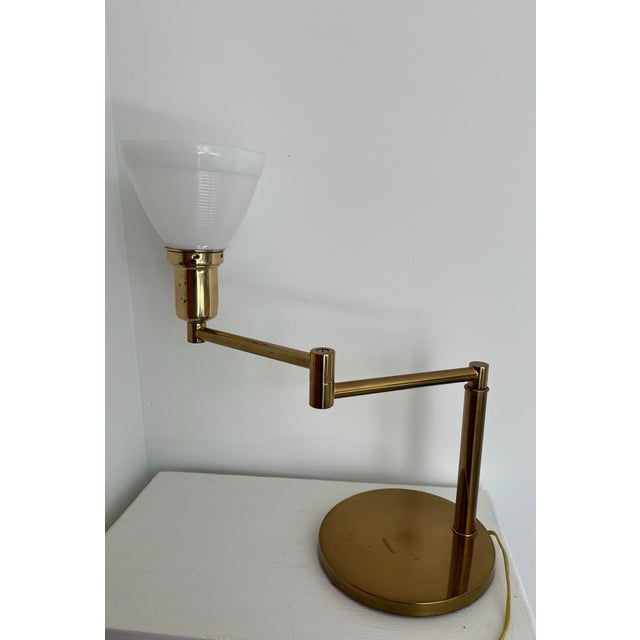 Glass 1950s Walter Von Nessen Brushed Brass Swing Arm Bedside/Table Lamp For Sale - Image 7 of 12