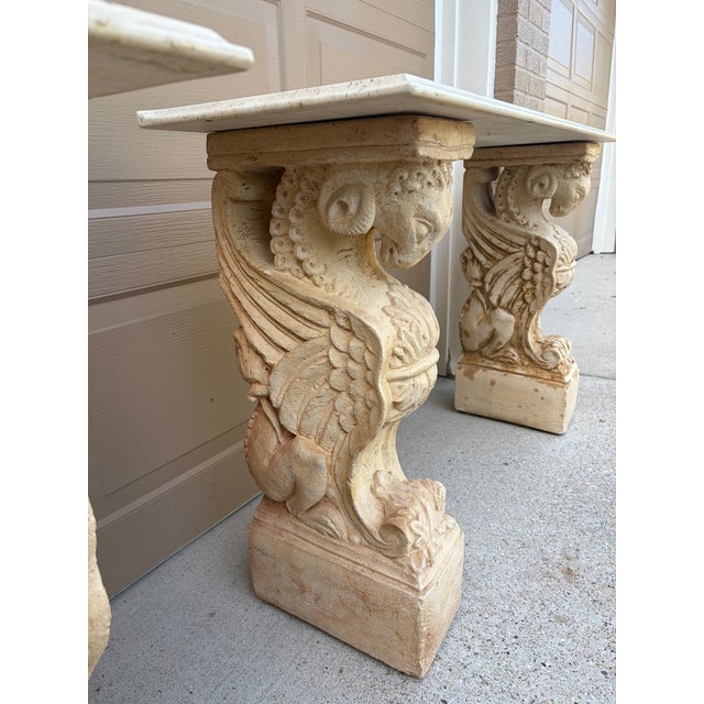 Late 20th Century Pair of Neoclassical Travertine Consoles With Winged Figural Bases For Sale - Image 10 of 14
