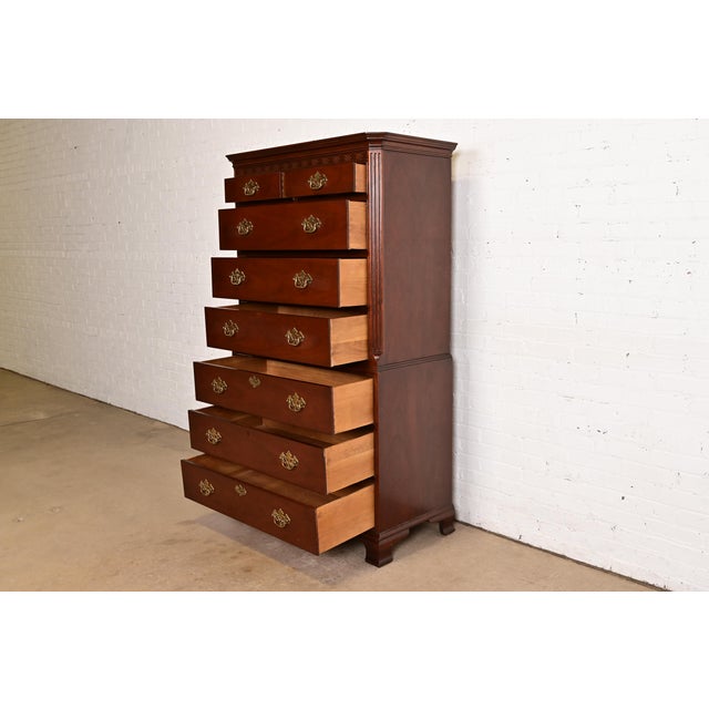 1980s Baker Furniture Georgian Carved Mahogany Eight-Drawer Highboy Dresser For Sale In South Bend - Image 6 of 13