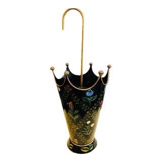 Mid 20th Century Italian Toleware Umbrella Stand Hand Painted Botanical Colorful Design For Sale