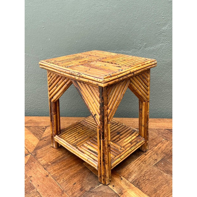 Mid-Century Modern Rustic Reed and Wood Accent Table For Sale - Image 3 of 17