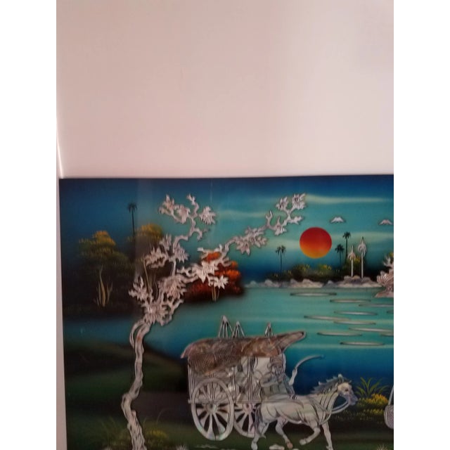1980s Asian Black Lacquer and Mother of Pearl Signed Wood Wall Hanging. For Sale - Image 4 of 8