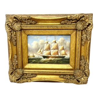 Vintage Clipper Ship Painting: Ornate Heavy Gold Frame For Sale