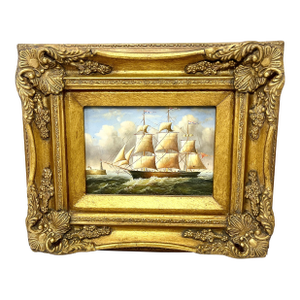 Vintage Clipper Ship Painting: Ornate Heavy Gold Frame