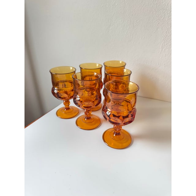 Mid-Century Modern Set of 6 Indiana Glass King’s Crown Amber Goblets For Sale - Image 3 of 5