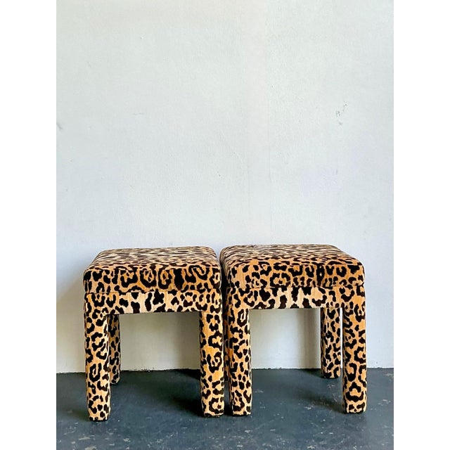 Wood Vintage Leopard Velvet Upholstered Stools - Set of 2 For Sale - Image 7 of 17