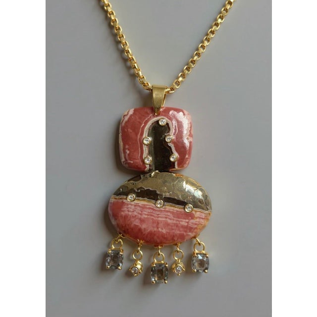Rhodochrosite Double Pendant With Spinel, Diamonds & 14k Gold For Sale - Image 4 of 5