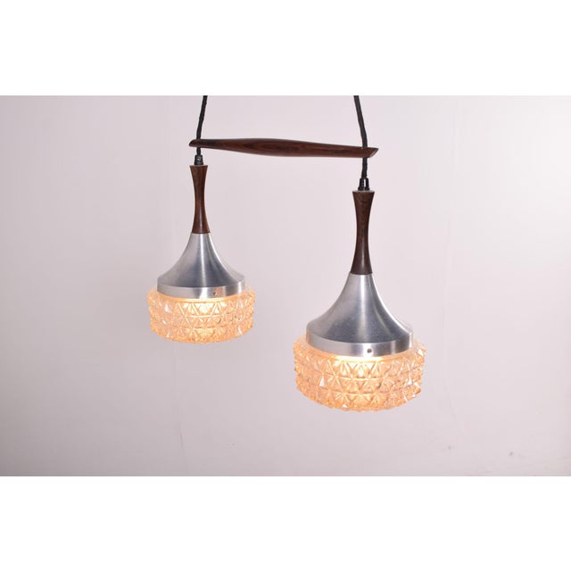1970s Mid-Century Danish Rosewood, Metal and Glass Dual Pendant Lamp, 1970 For Sale - Image 5 of 11