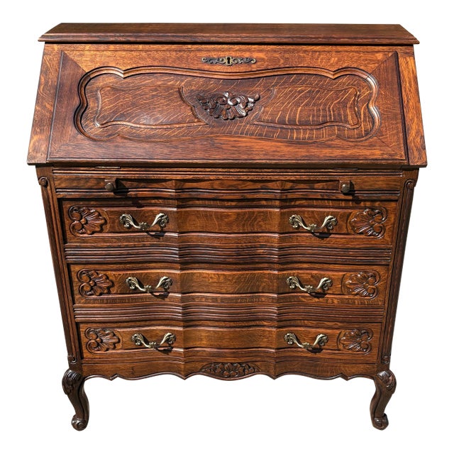Vintage French Secretary With Carved Pillow Front For Sale
