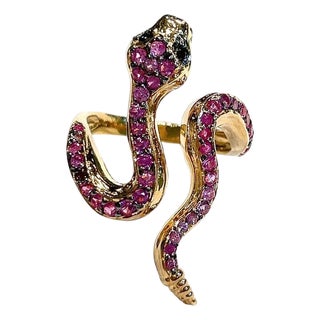 Bochic "Orient" Blue Sapphire & Red Ruby Serpent Ring In 18K Gold & Silver For Sale