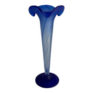 Tall Blue Satin Glass Trumpet Vase For Sale