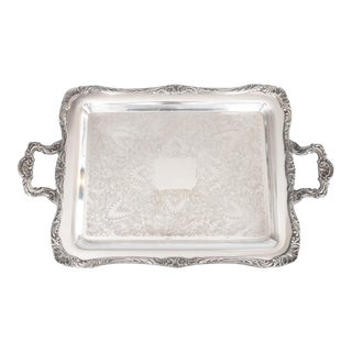 Vintage Wm Rogers Silver Plate Footed Rectangular Serving Tray With Handles For Sale