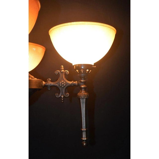Metal Mid-Century Modern Four-Light Bronze Chandelier with Holophane Prismatic Glass Shades, 1950s For Sale - Image 7 of 18