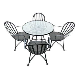 Woodard Vintage Wrought Iron Patio Set Glass Table and 4 Chairs, Attributed For Sale