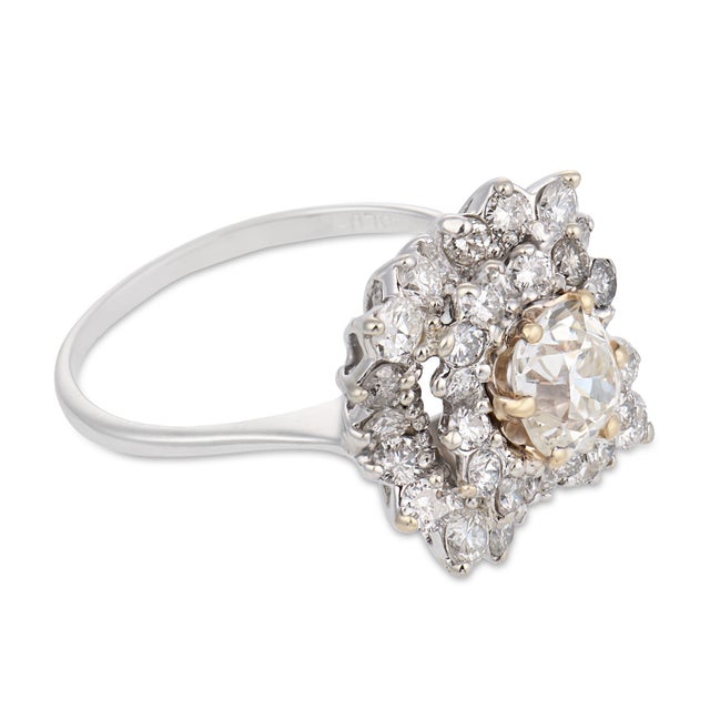 Vintage Gia 1.03 Carat Old Mine Cut Diamond Cluster 18k White Gold Ring, Size 6.5 For Sale - Image 4 of 8