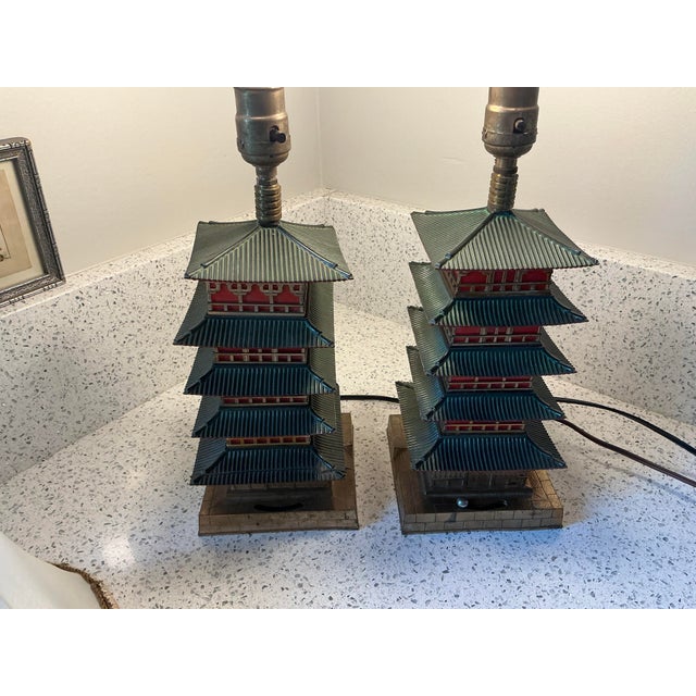 1940s Enameled Metal Pagoda Lamps - A Pair For Sale In Portland, OR - Image 6 of 8